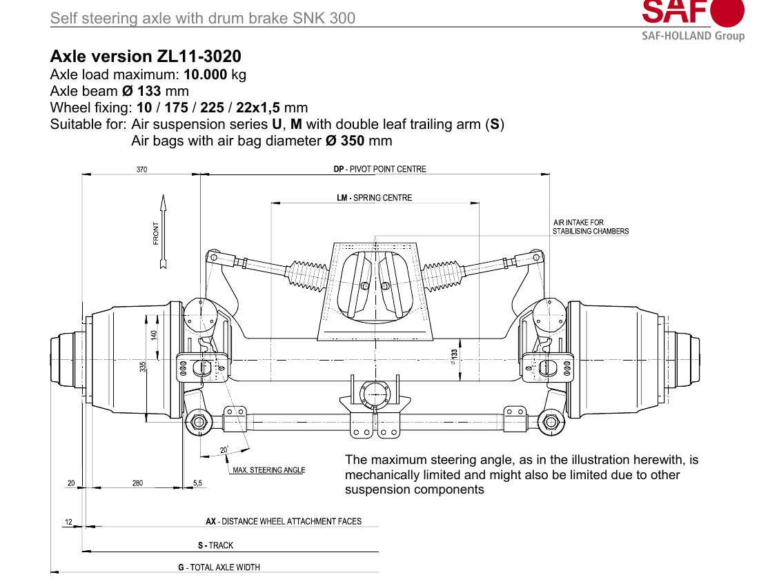 Оригинальная схема оси SAF ZL11-3020 с барабанным тормозом SNK 300 из руководства производителя