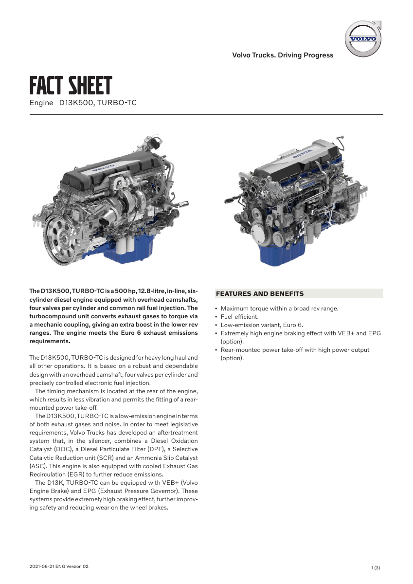 Первая страница Volvo D13K500 Turbo-TC Fact Sheet с двумя видами двигателя и датой версии