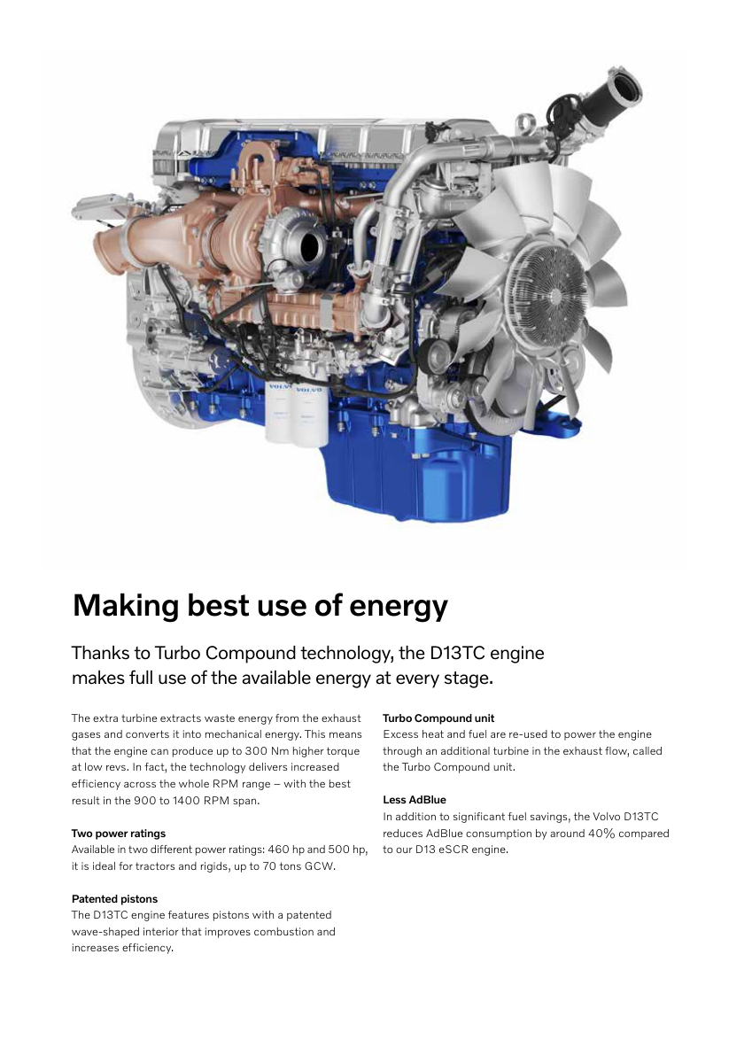 Страница брошюры Volvo FH I-Save с изображением D13TC и описанием Turbo Compound